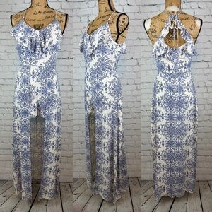 Entro Blue/White Ruffled Edge Skirted Romper Maxi